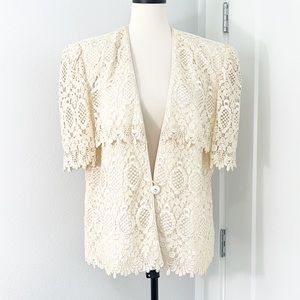 Vintage Karen Miller 80s Med Beige Cream Lace Short Sleeve Button Formal Jacket